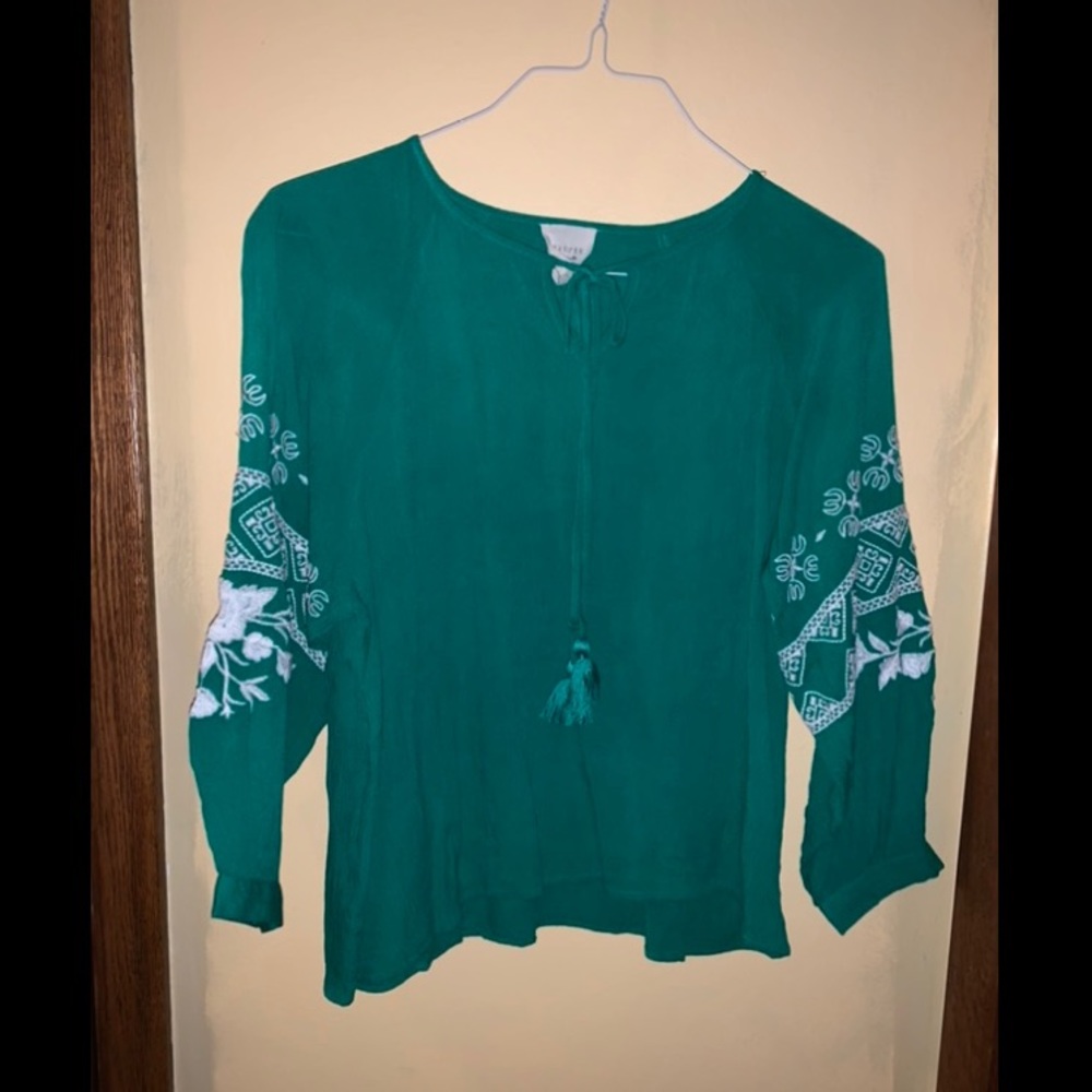 Green floral embroidered blouse